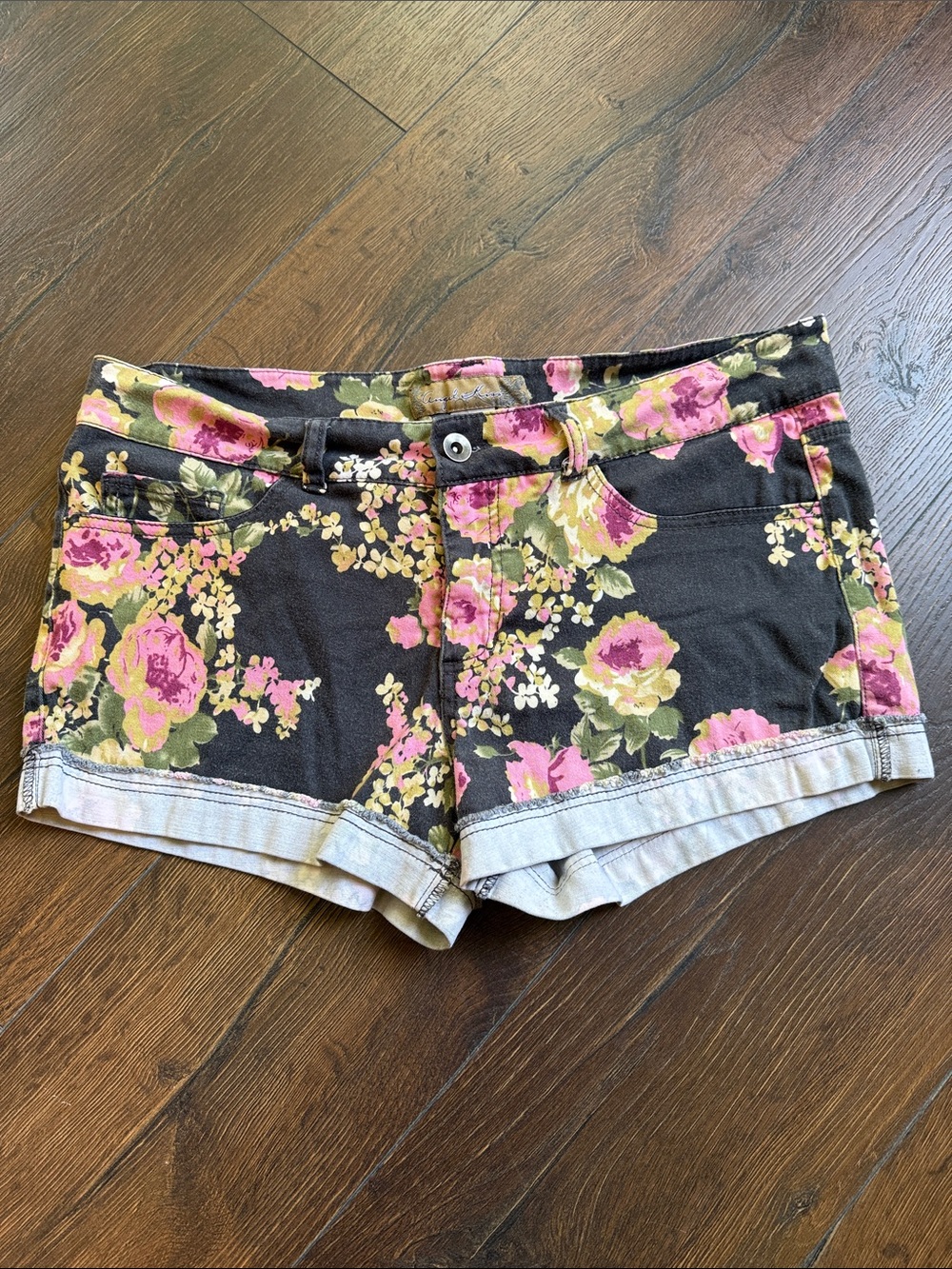 Angel Kiss Black Denim Shorts with Pink Floral Print
